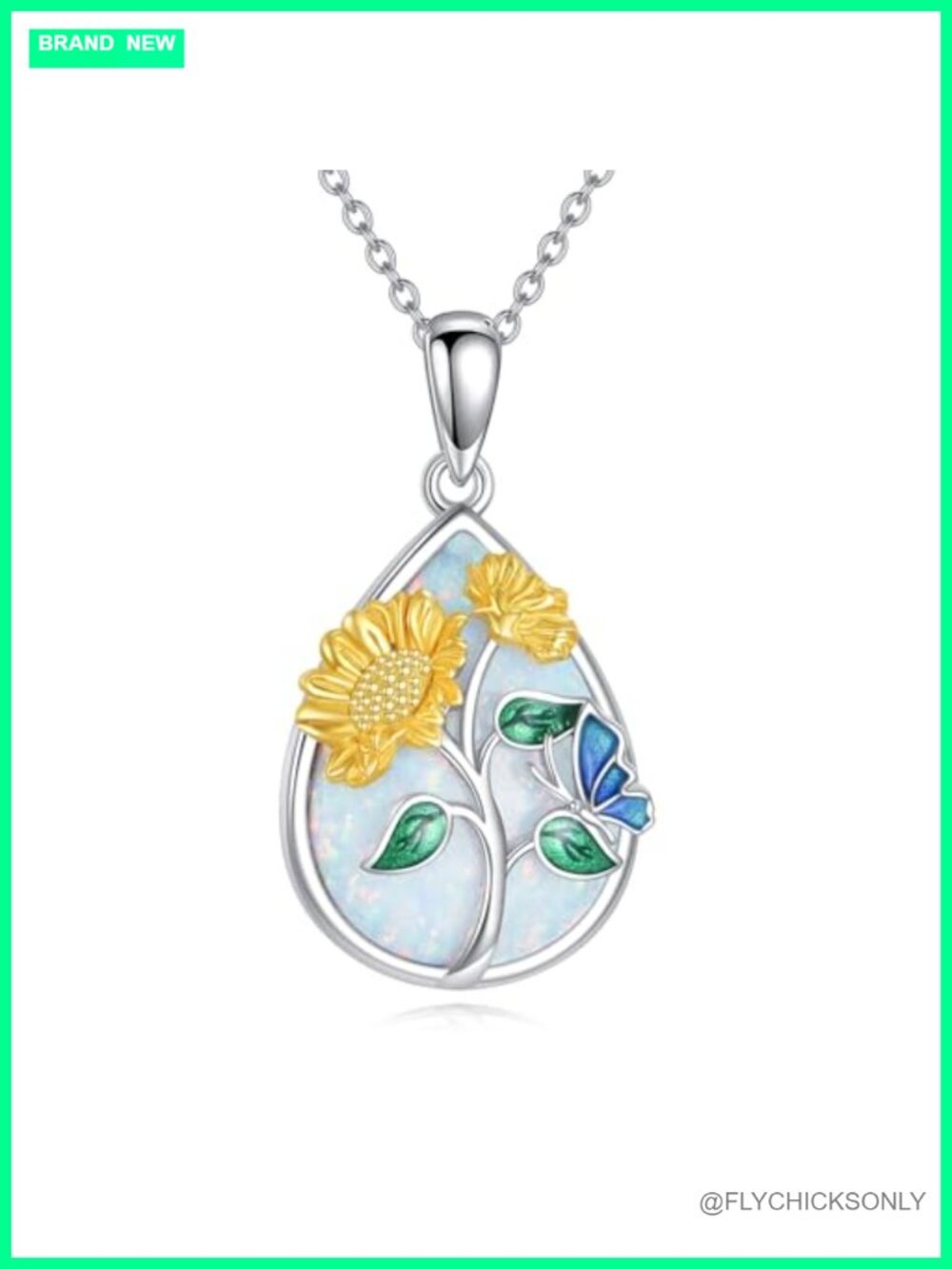 Sterling Silver Opal Sunflower Teardrop Pendant Necklace